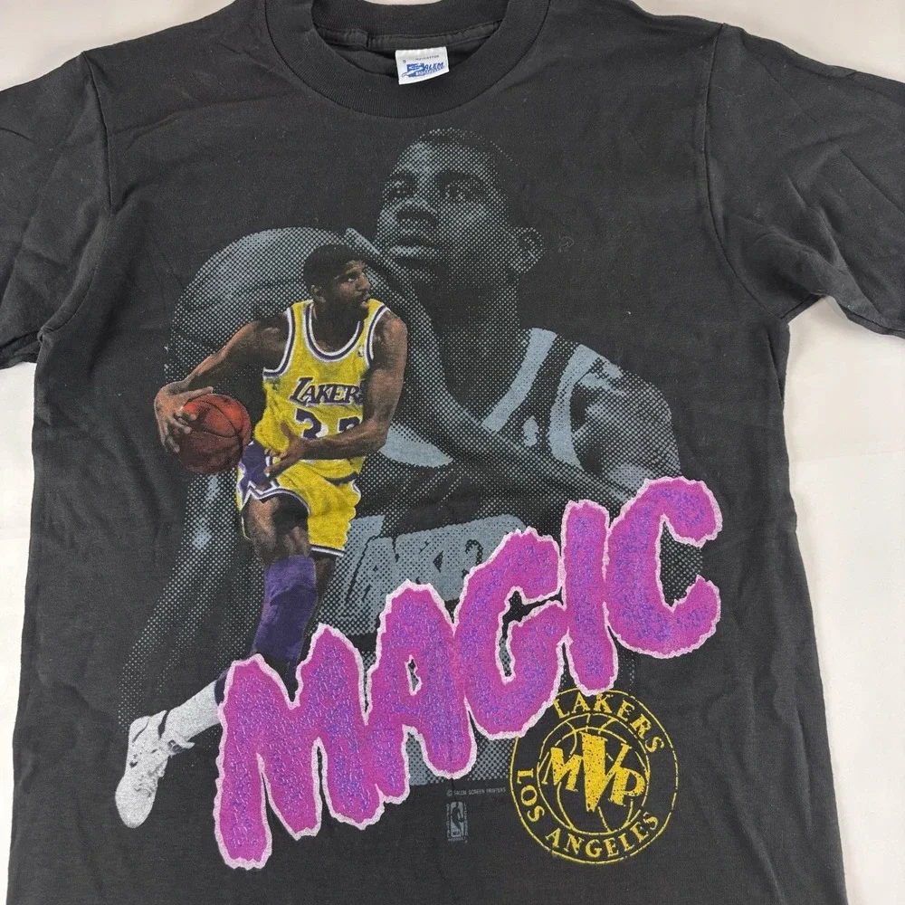 Vintage 1990s Black Magic Johnson Small Lakers NBA Salem Sportswear Tee MVP‎